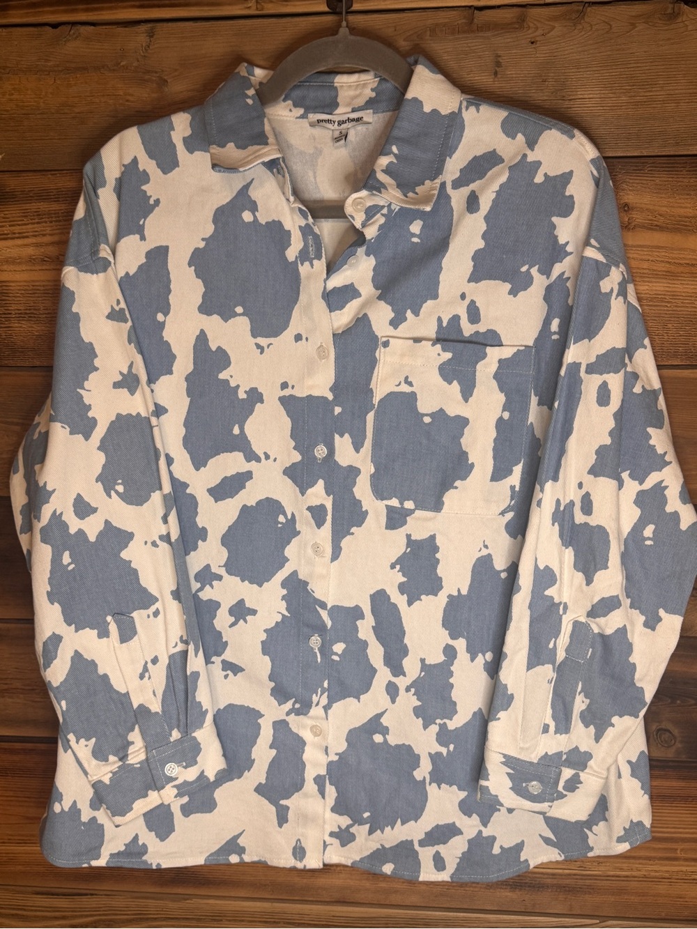 Pretty Garbage NWOT Blue and White Cow Print  Button-Up Jacket | Size Small